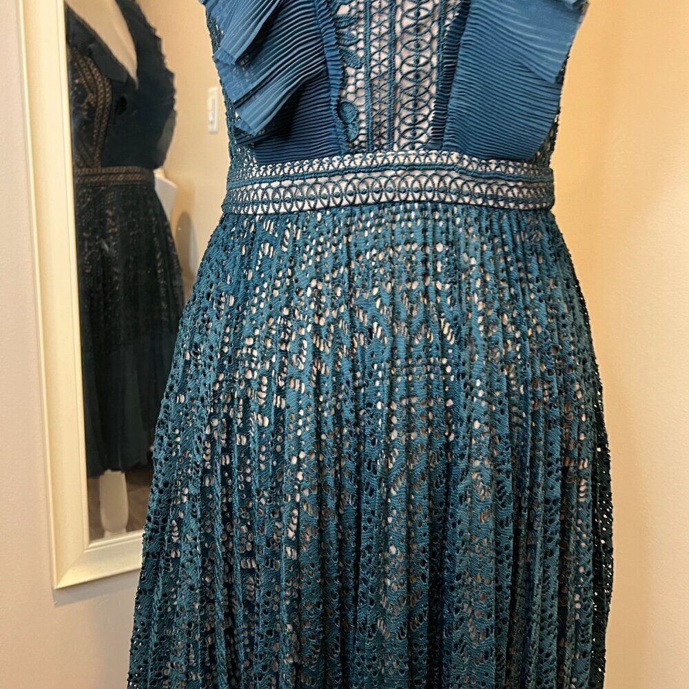 French Connection Teal Orabelle Lace Fit & Flare Ruffle Midi Dress, Size 6 - Picture 13 of 16